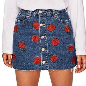 Zara Women Denim Mini Skirt With Embroidered Roses